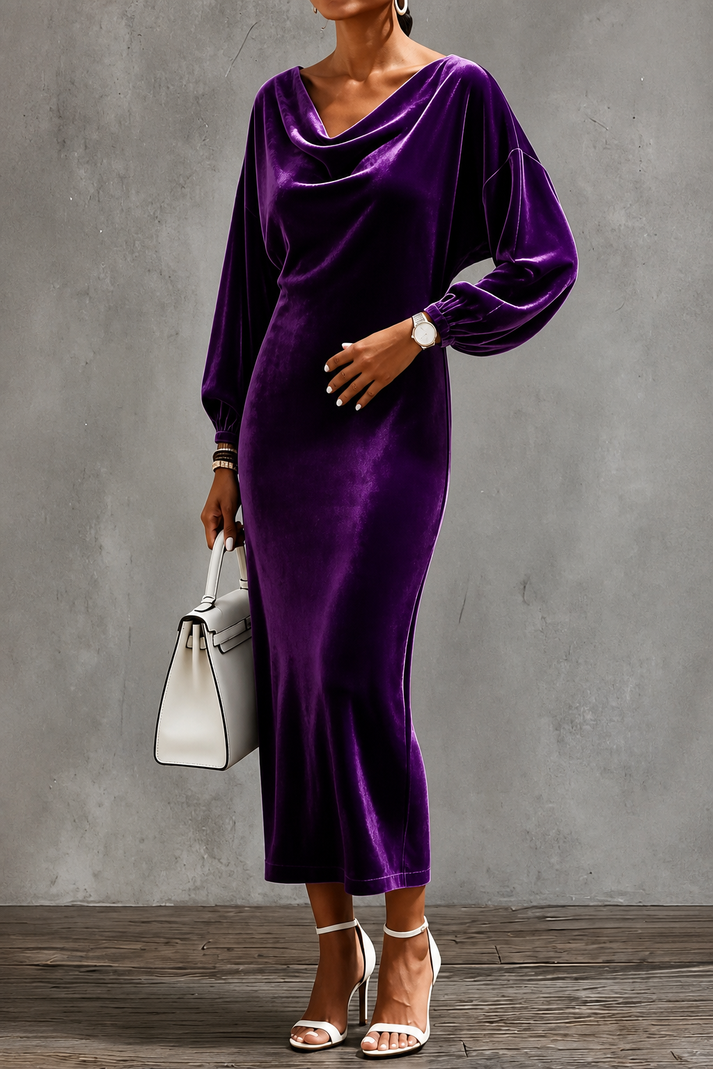 Velvet Midi Dress with Draped Neckline and Puff Sleeves