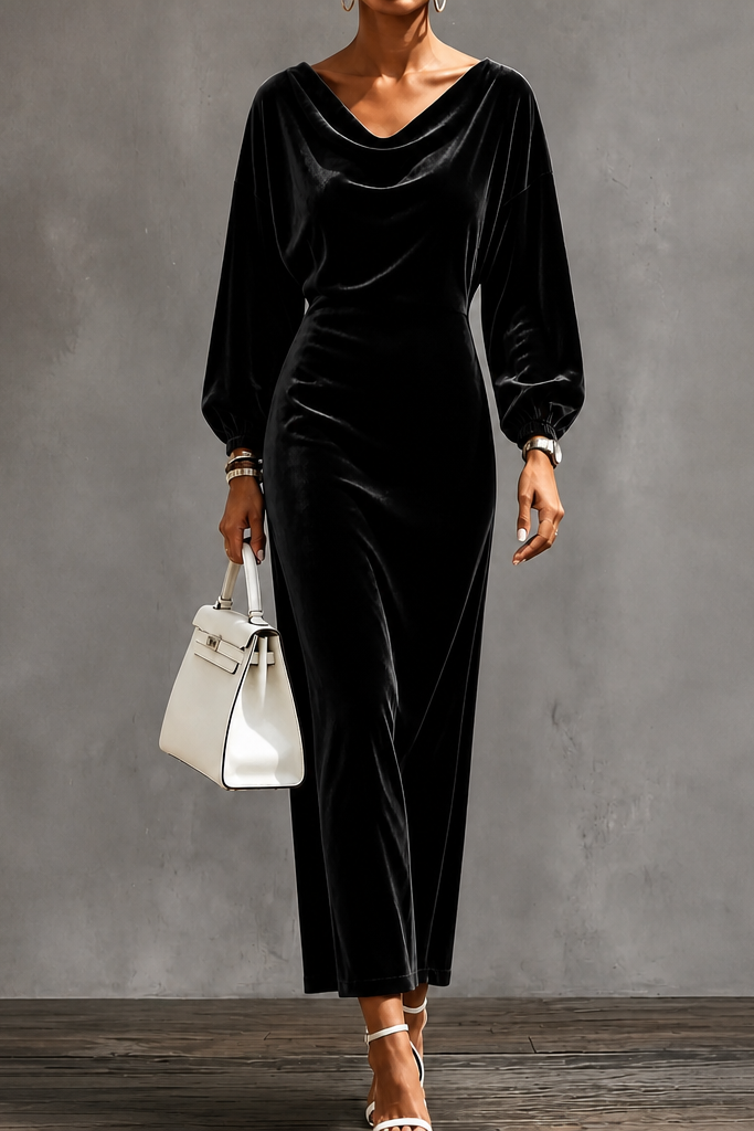 Velvet Midi Dress with Draped Neckline and Puff Sleeves