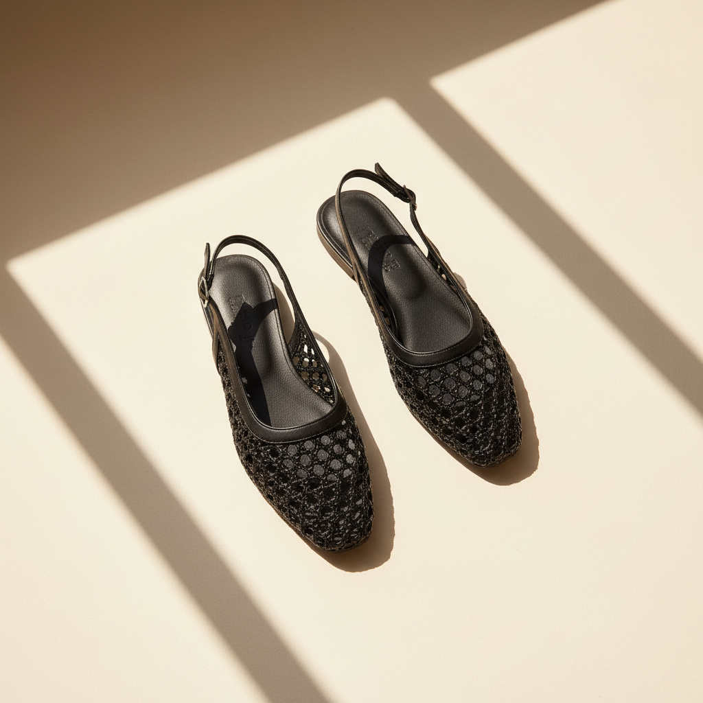 Woven Slingback Flats Square Toe Buckle Strap