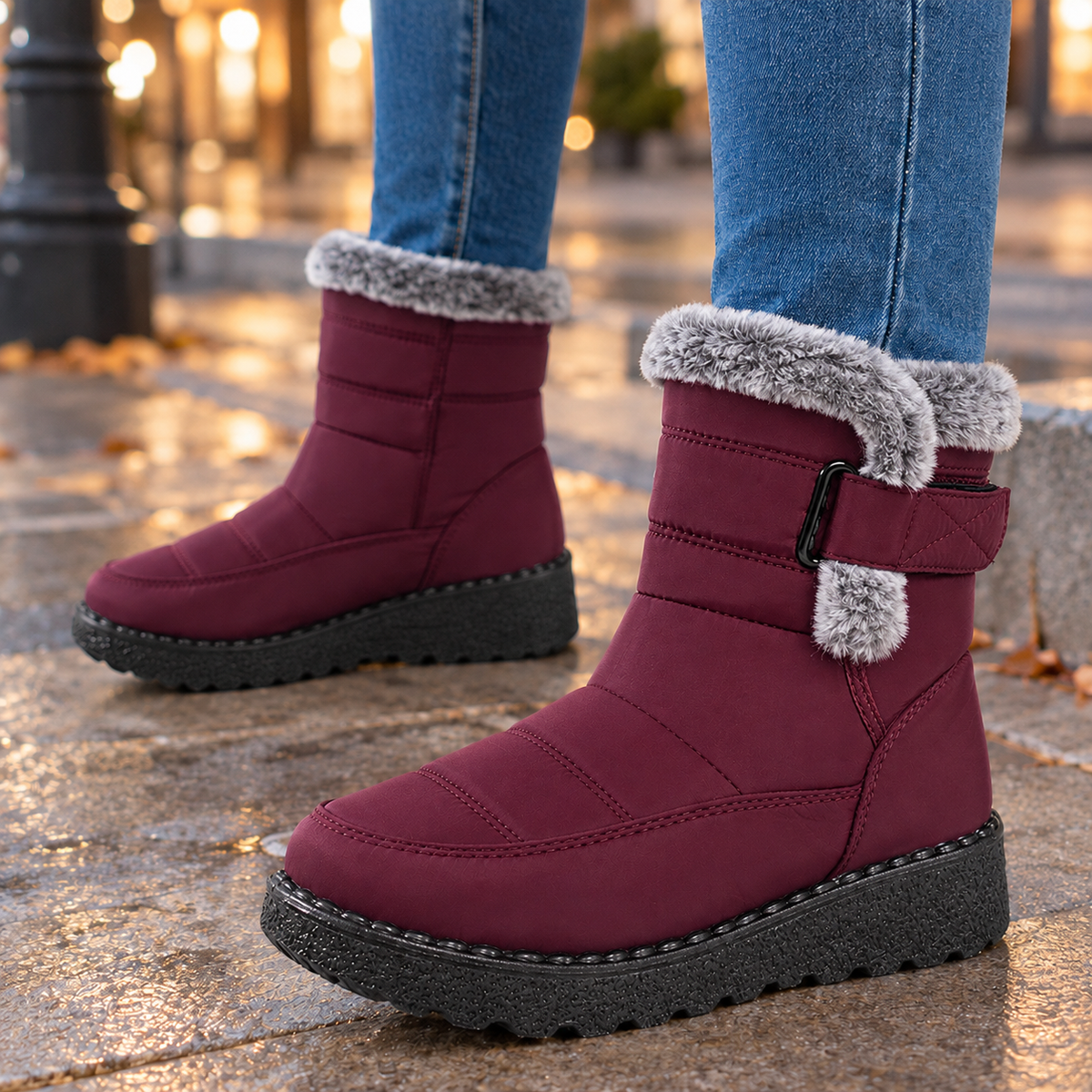 Warm Winter Ankle Boots with Fur Collar and Buckle Strap