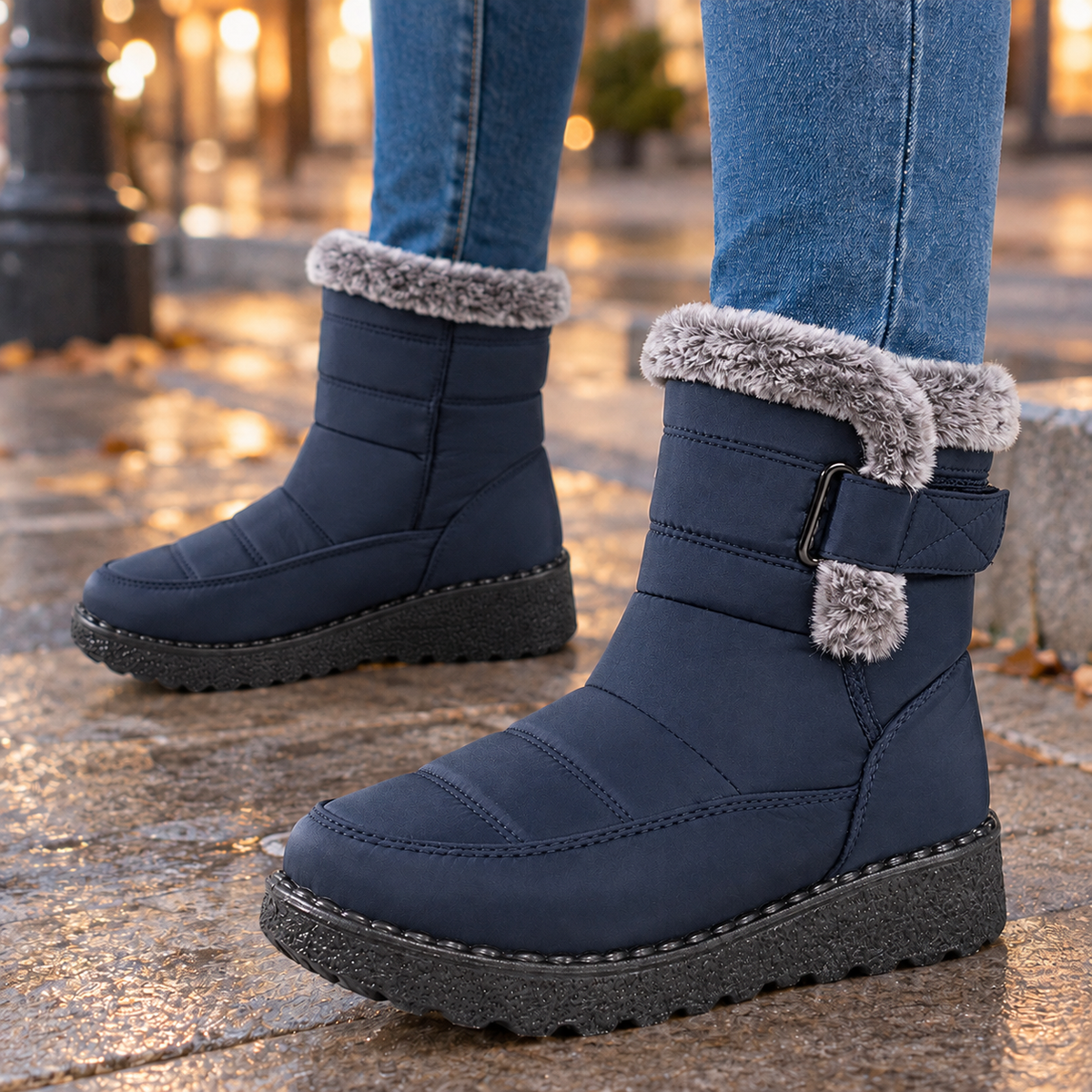 Warm Winter Ankle Boots with Fur Collar and Buckle Strap
