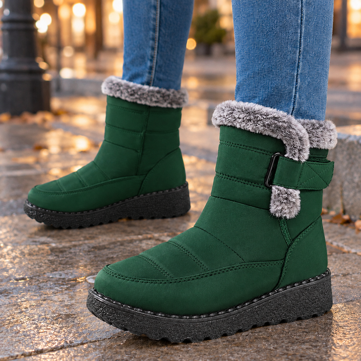 Warm Winter Ankle Boots with Fur Collar and Buckle Strap