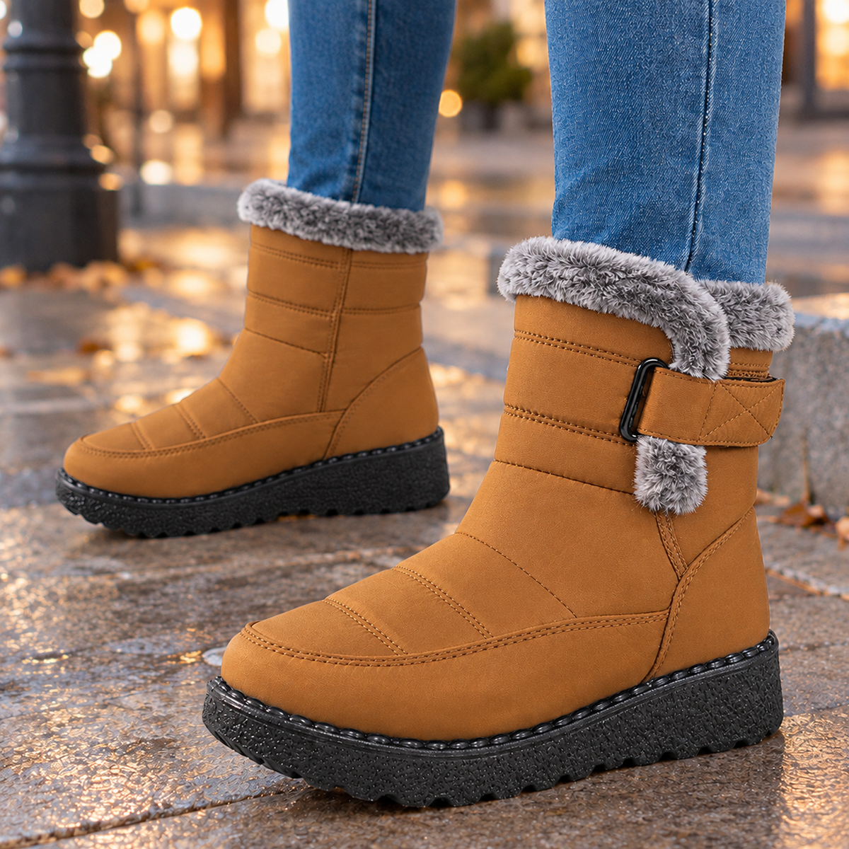 Warm Winter Ankle Boots with Fur Collar and Buckle Strap