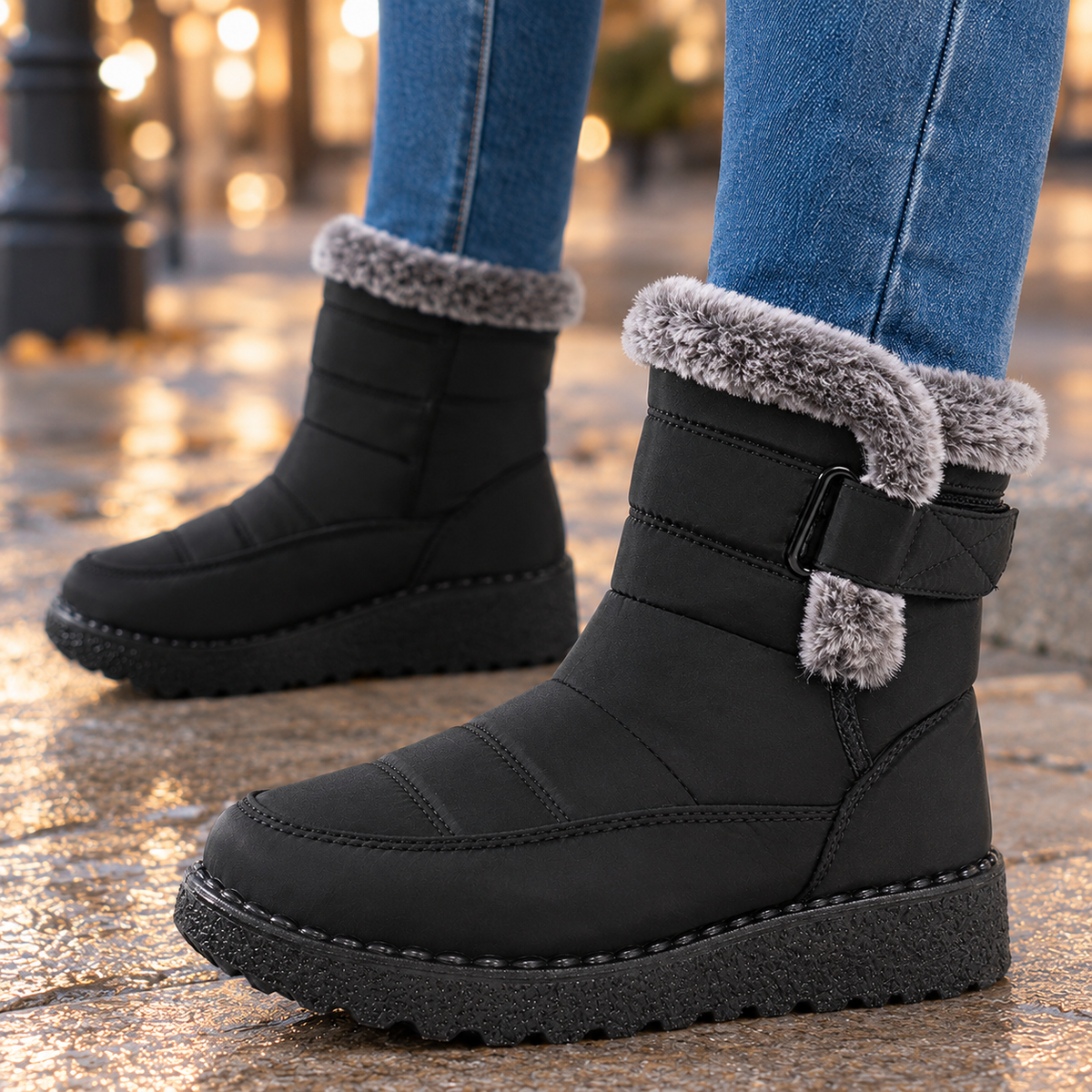 Warm Winter Ankle Boots with Fur Collar and Buckle Strap