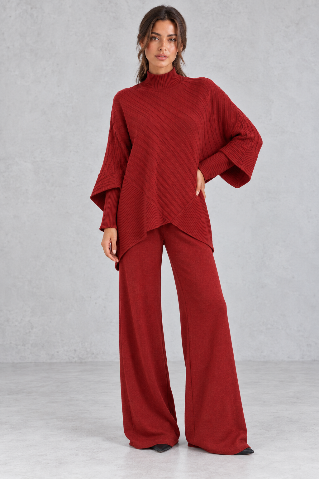 Women’s Asymmetric Ribbed Knit Jumper & Wide Leg Trouser Set