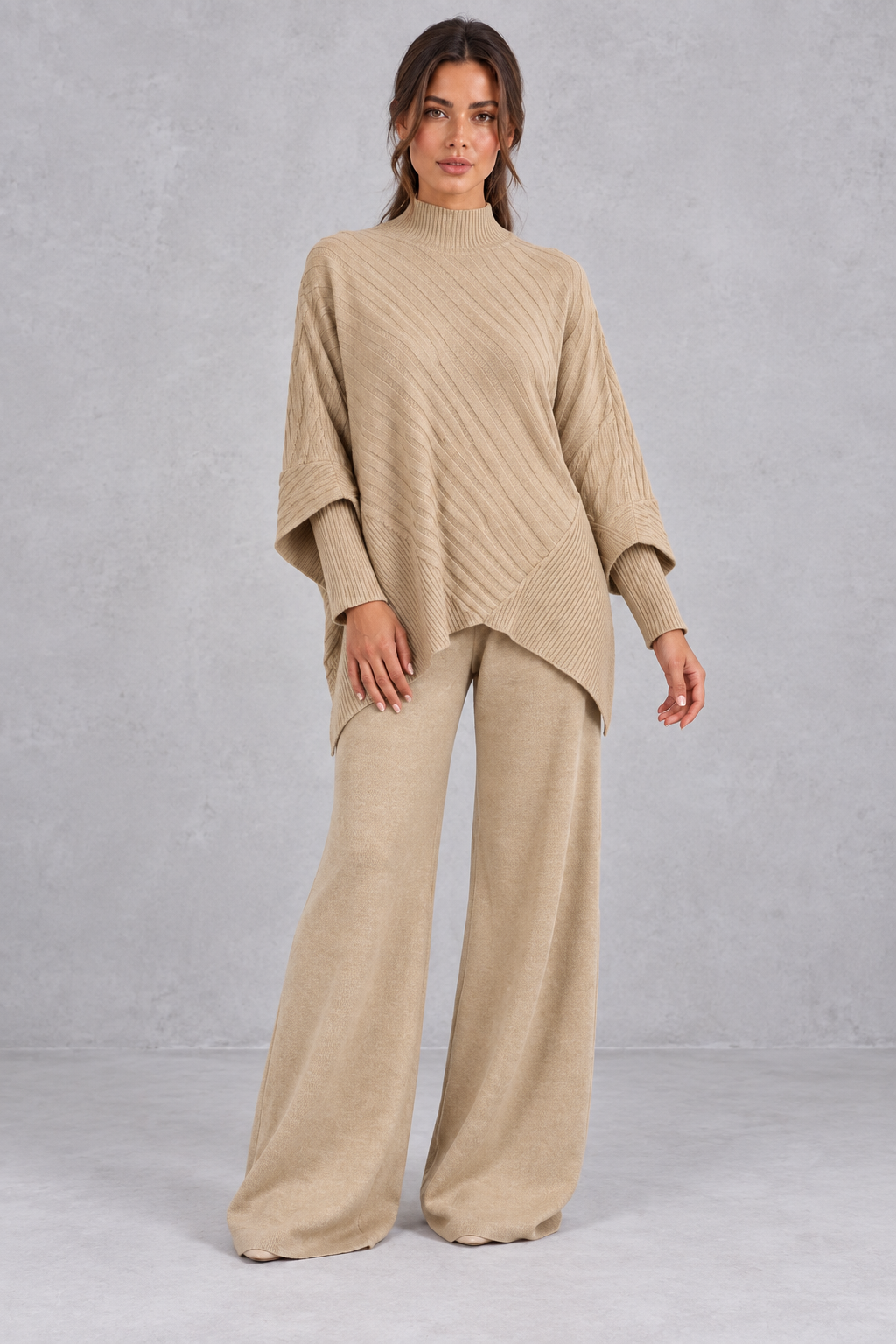 Women’s Asymmetric Ribbed Knit Jumper & Wide Leg Trouser Set