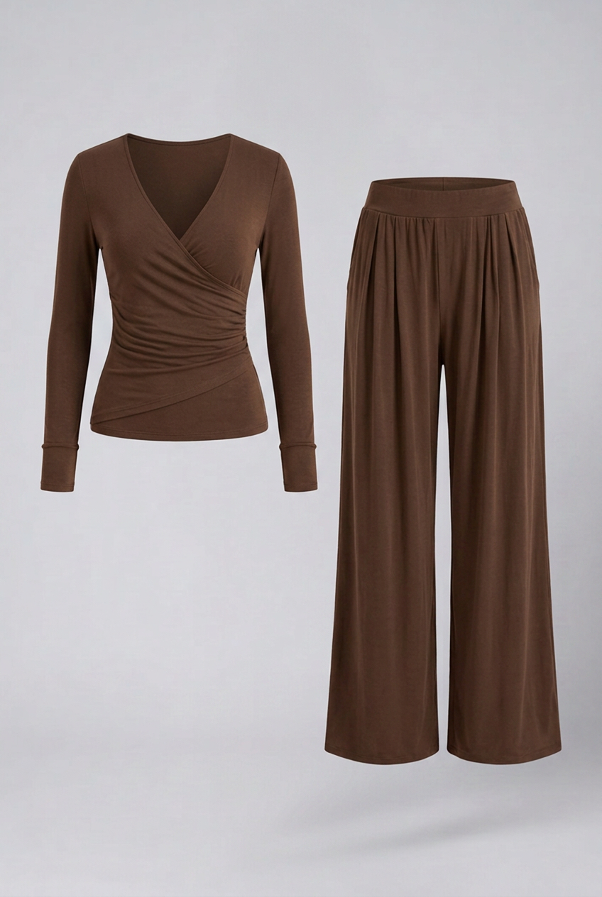 Wrap V-Neck Wide Leg Trouser Set