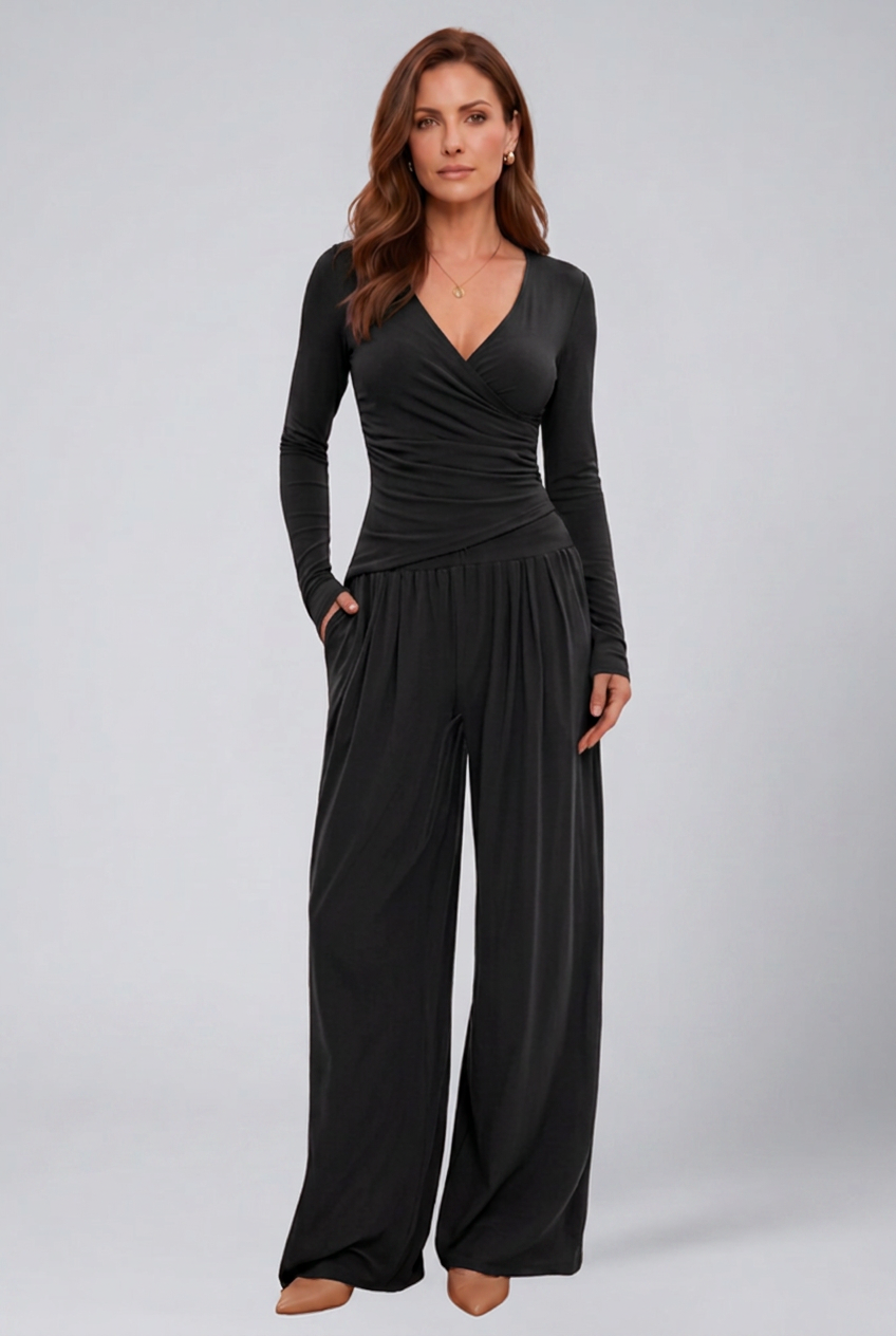 Wrap V-Neck Wide Leg Trouser Set