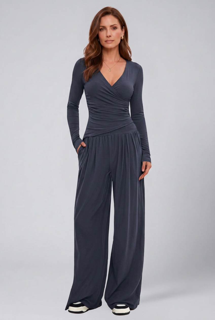 Wrap V-Neck Wide Leg Trouser Set