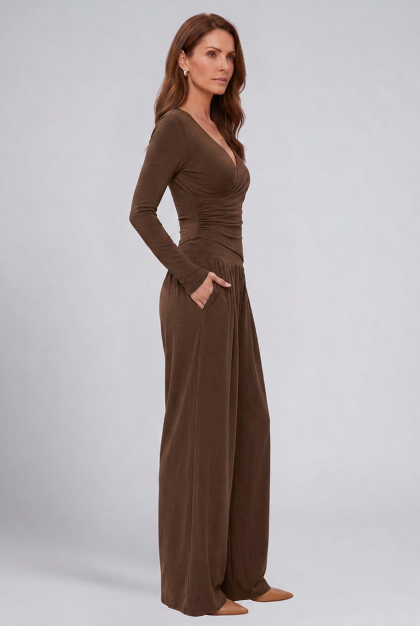 Wrap V-Neck Wide Leg Trouser Set