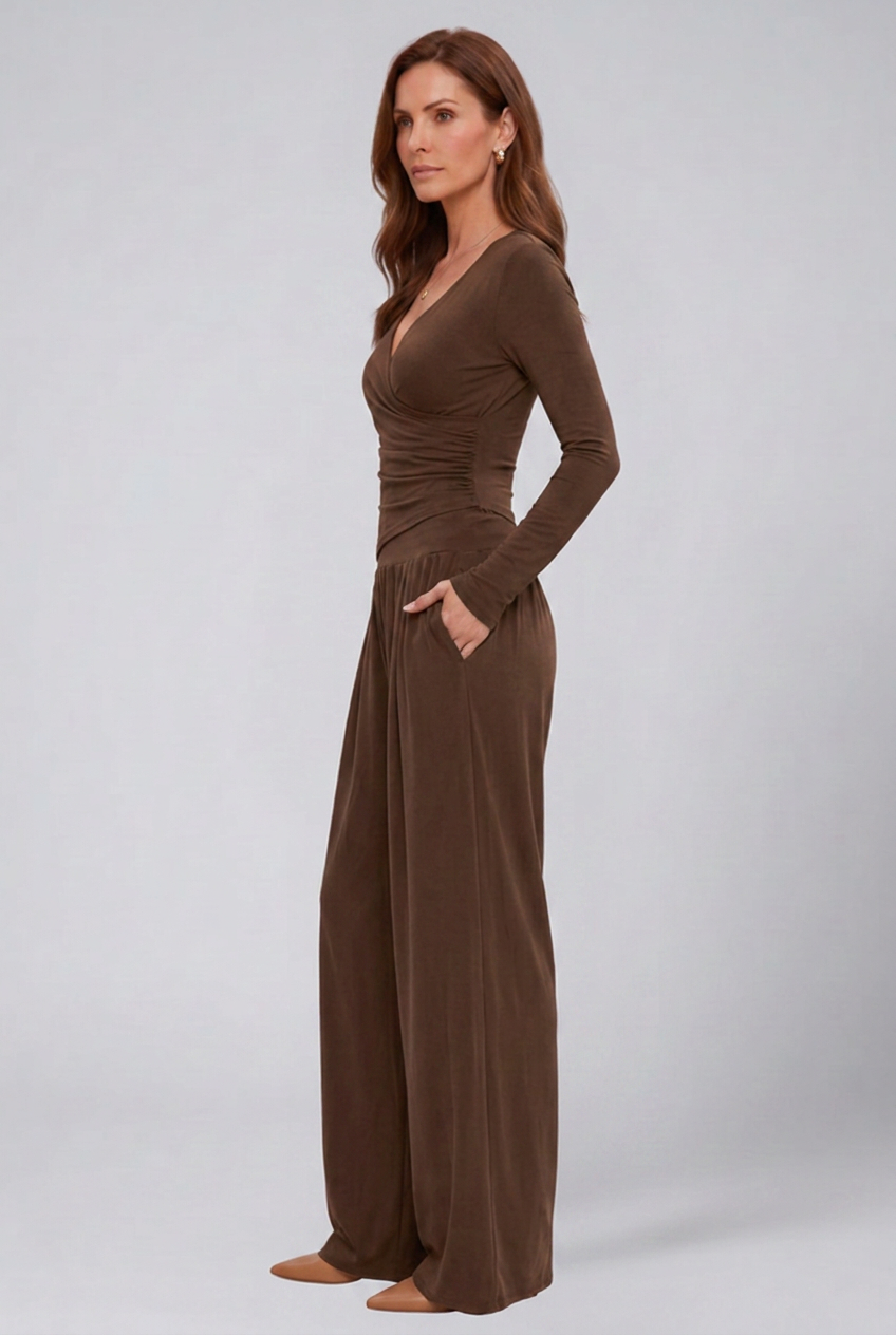 Wrap V-Neck Wide Leg Trouser Set
