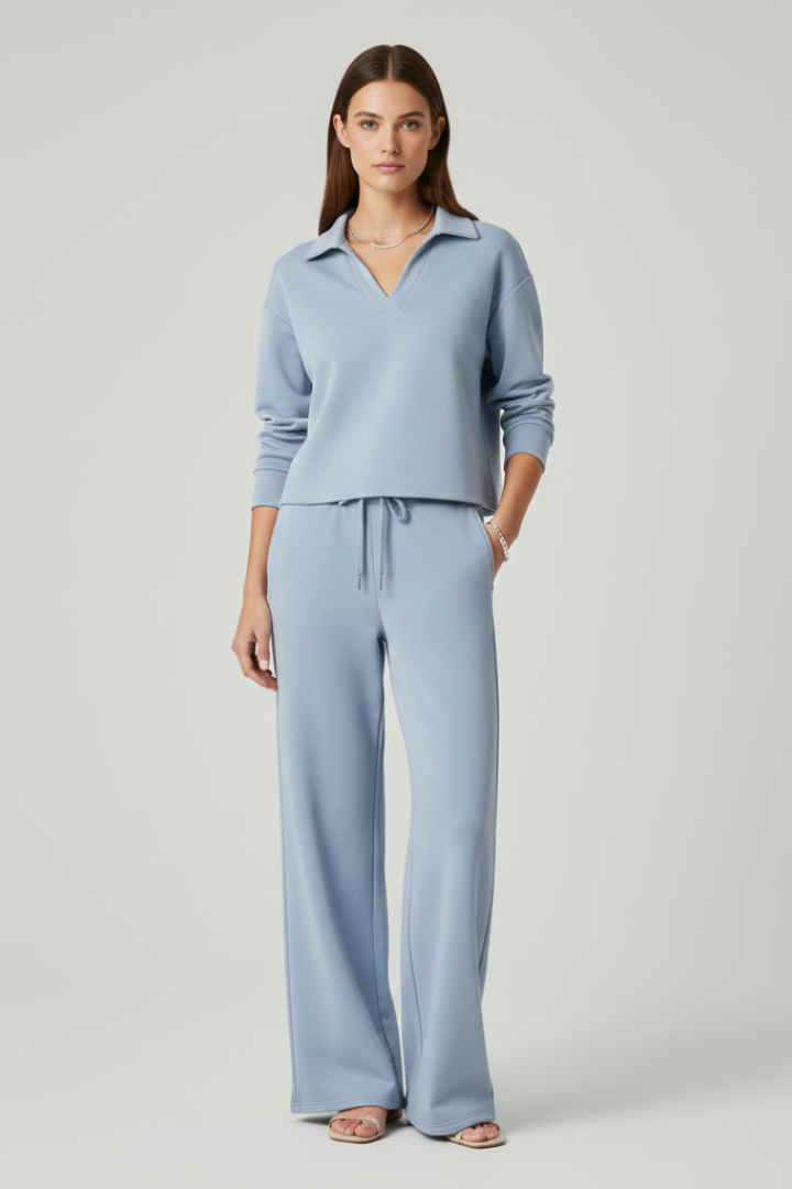 V-Neck Wide Leg Trouser Set
