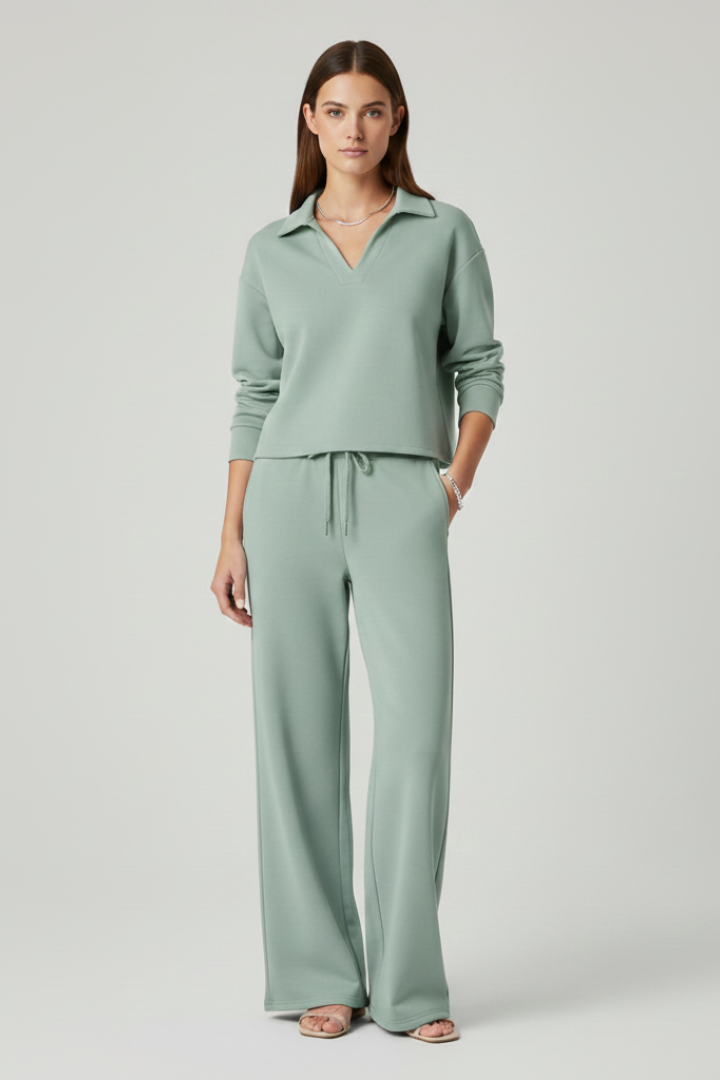 V-Neck Wide Leg Trouser Set