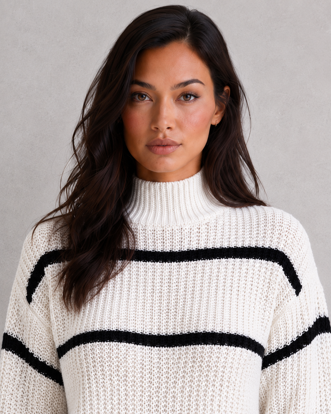 Striped Mock Neck Lantern Sleeve Jumper