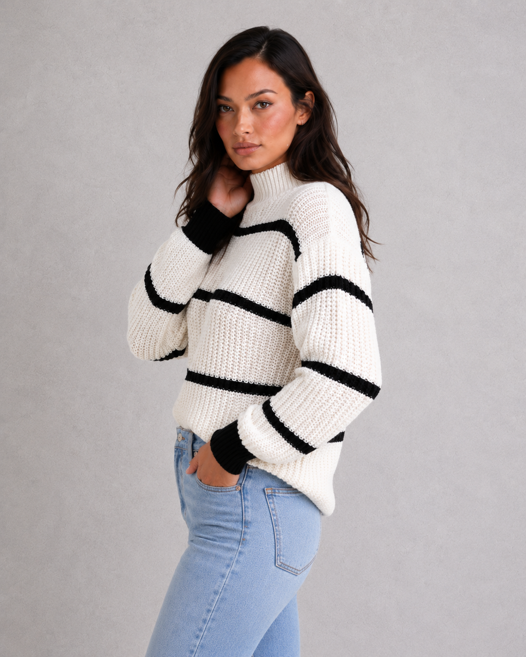 Striped Mock Neck Lantern Sleeve Jumper
