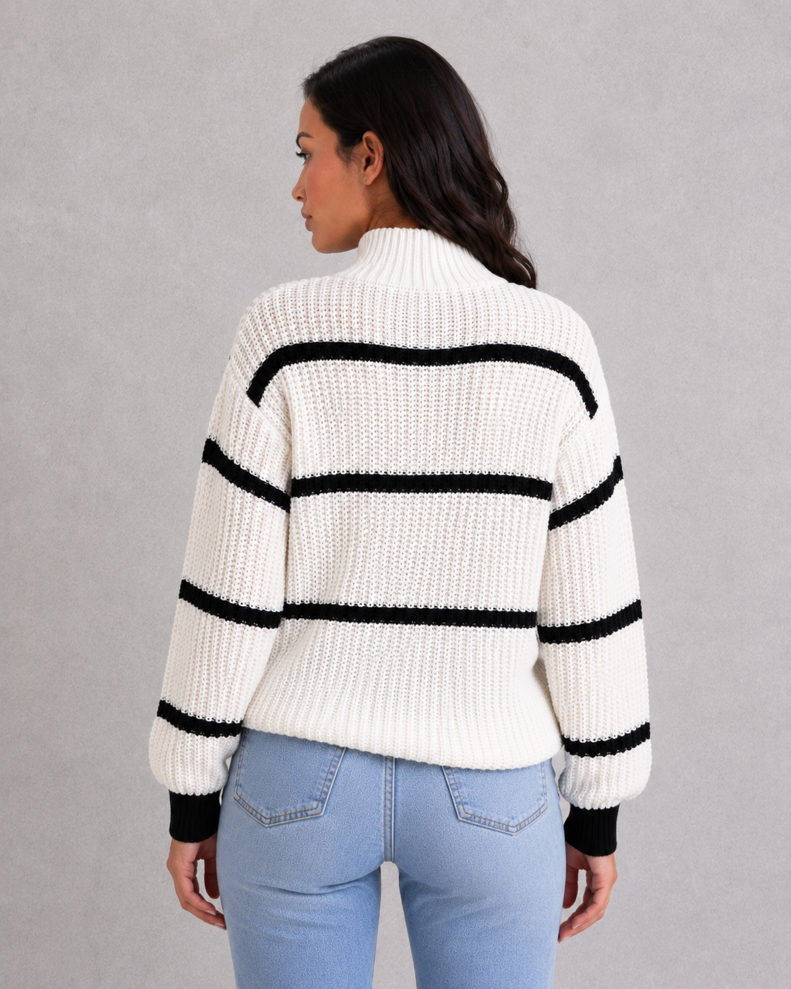 Striped Mock Neck Lantern Sleeve Jumper