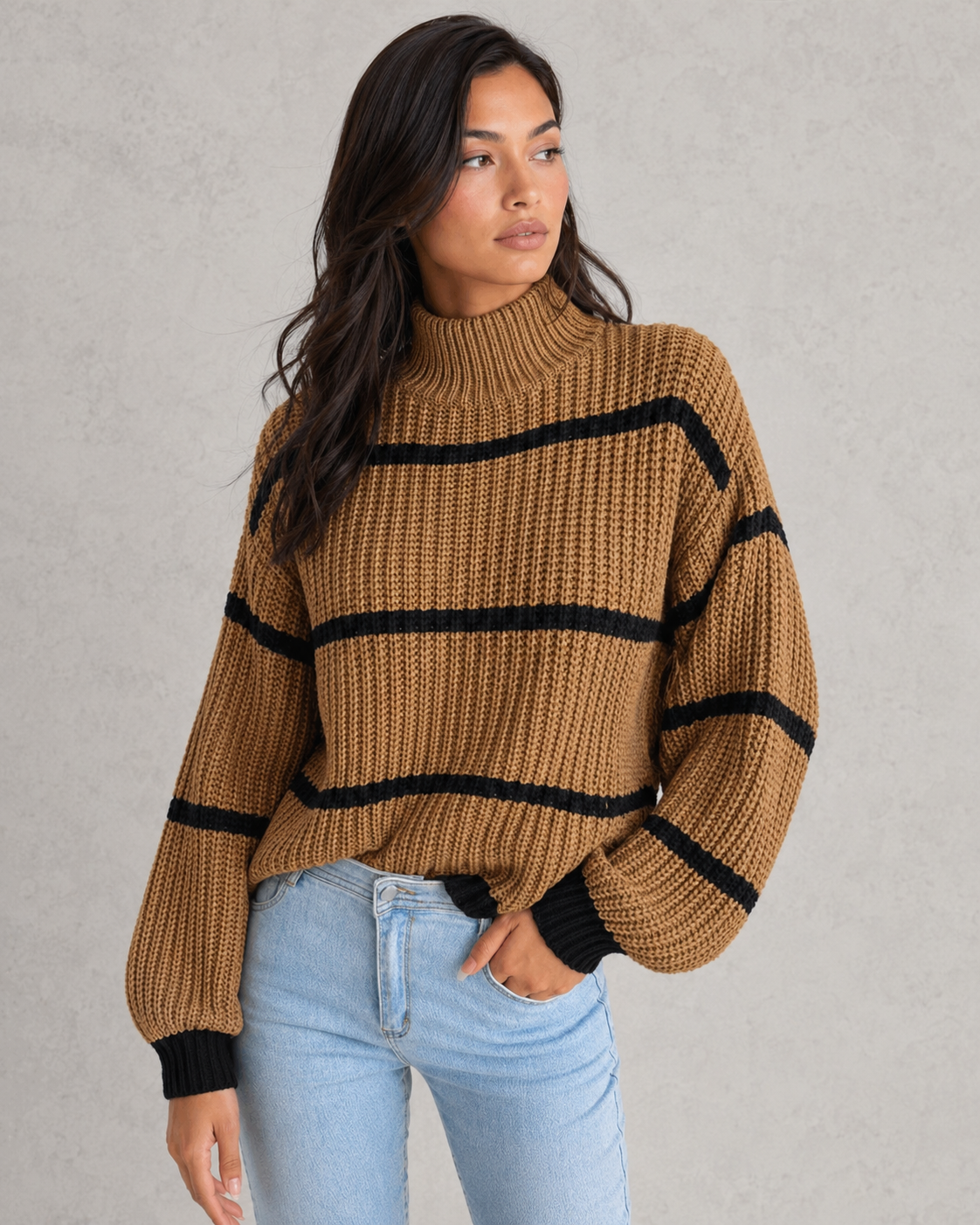 Striped Mock Neck Lantern Sleeve Jumper