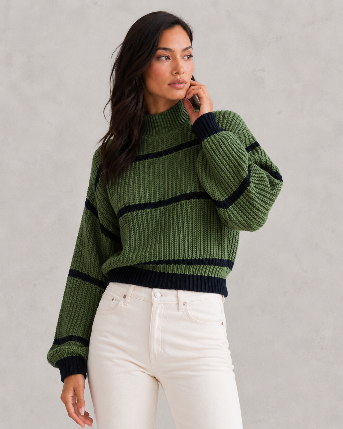 Striped Mock Neck Lantern Sleeve Jumper