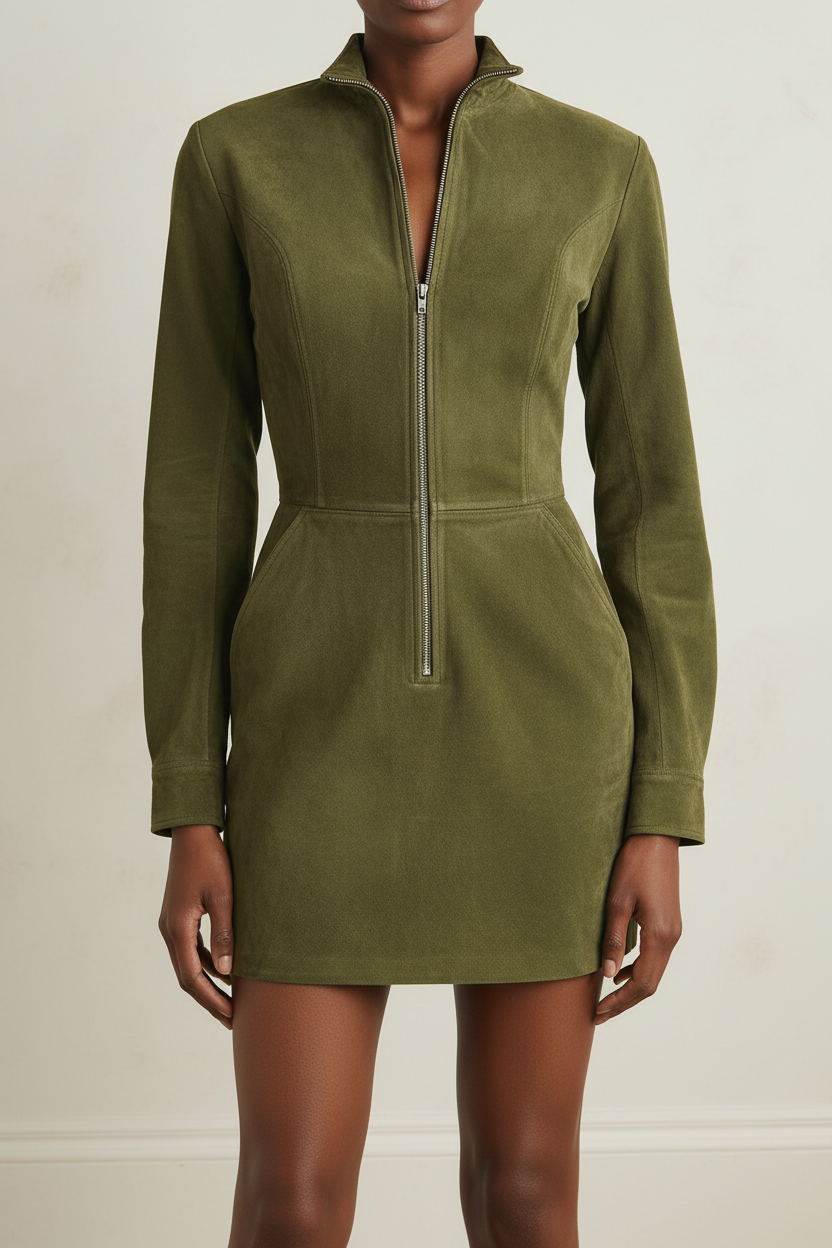 Suede Zip Long Sleeve Mini Dress