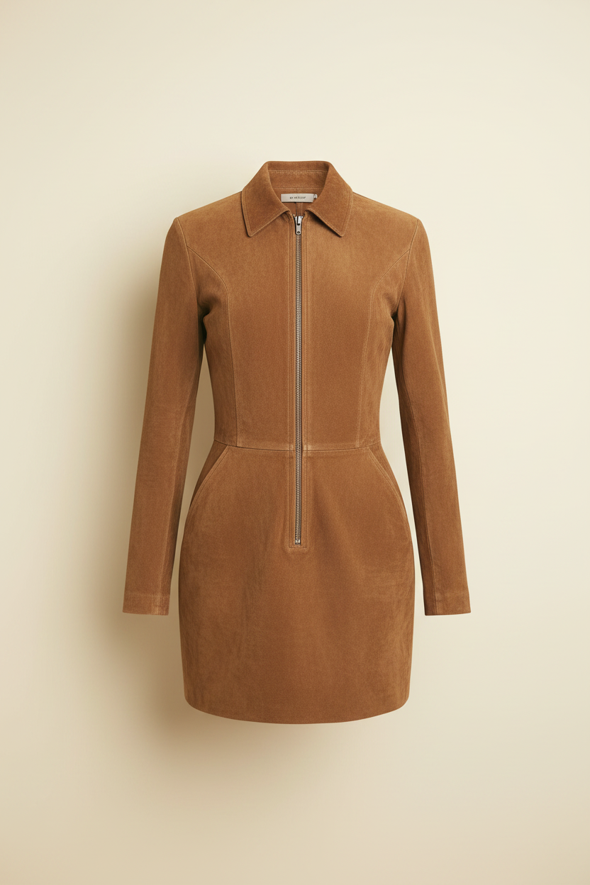 Suede Zip Long Sleeve Mini Dress