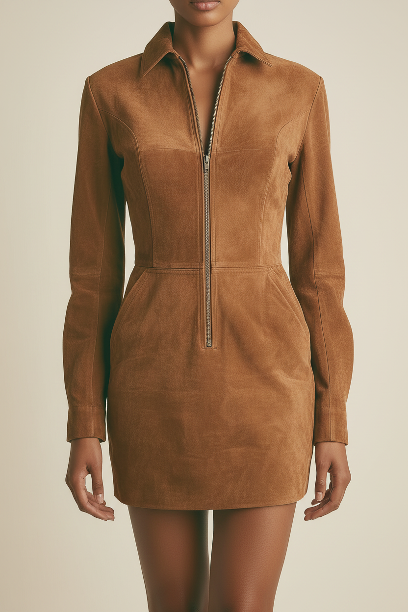Suede Zip Long Sleeve Mini Dress