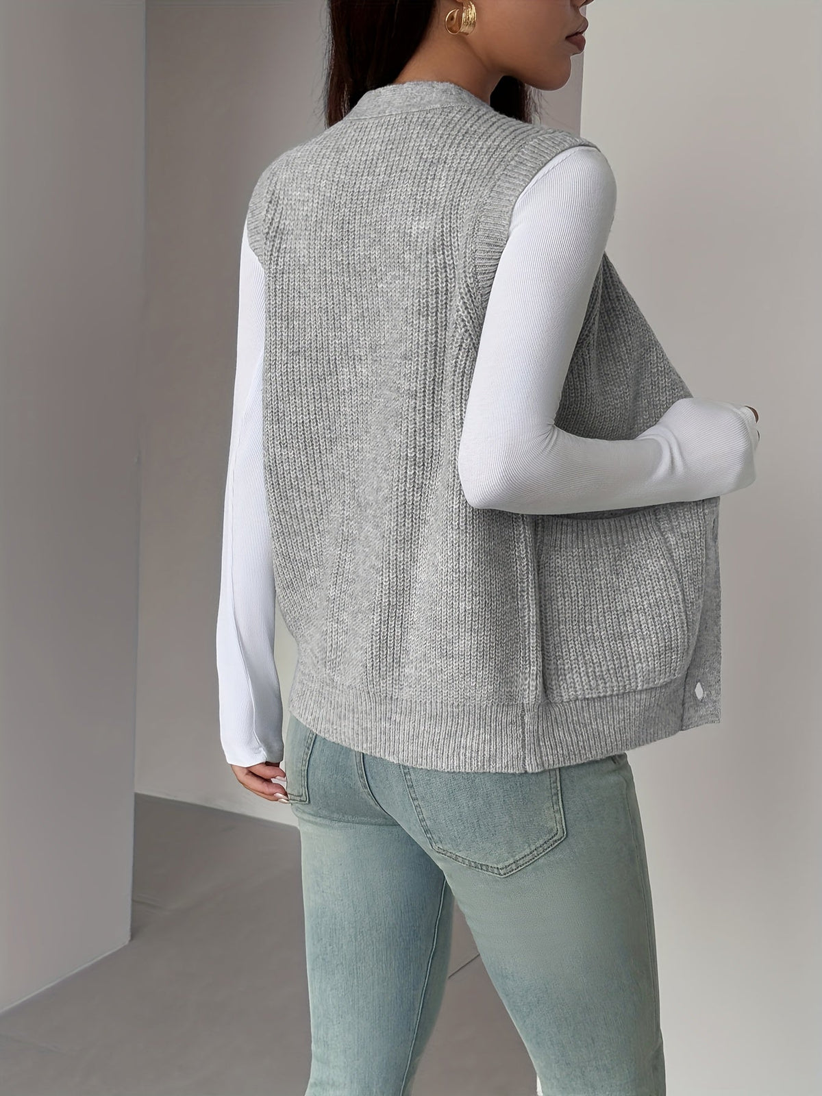V-Neck Knit Sleeveless Button-Front Vest