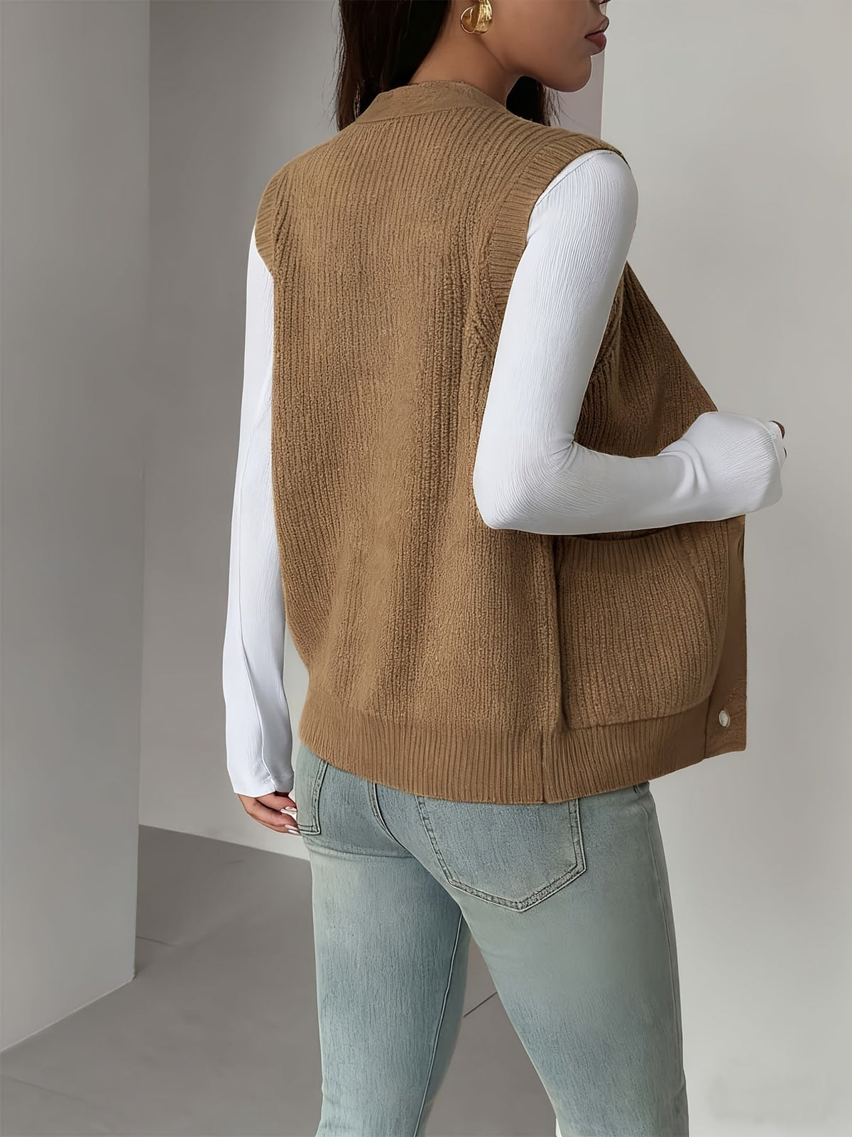 V-Neck Knit Sleeveless Button-Front Vest