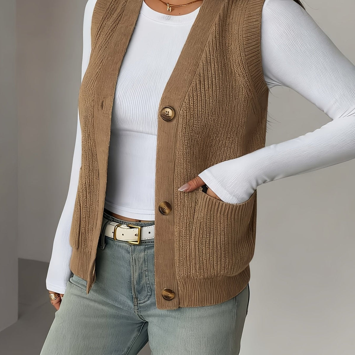 V-Neck Knit Sleeveless Button-Front Vest