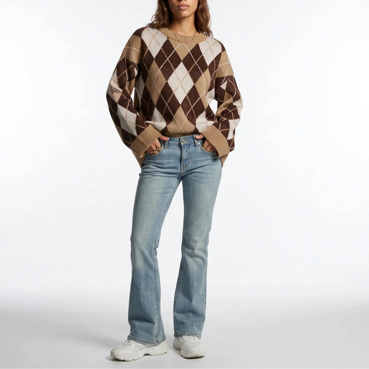 Women’s Diamond Pattern Knit Jumper | Round Neck Long Sleeve Sweater