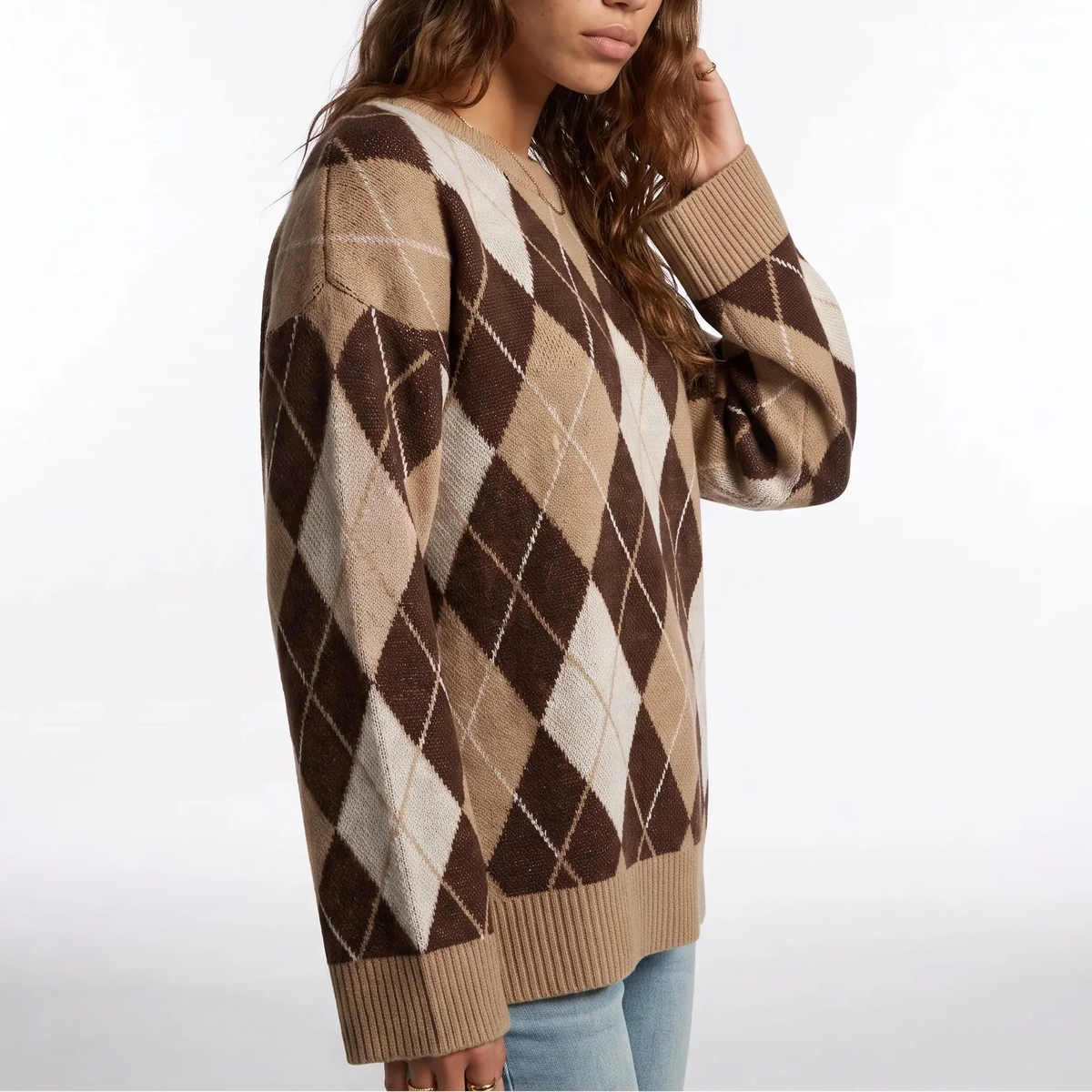 Women’s Diamond Pattern Knit Jumper | Round Neck Long Sleeve Sweater