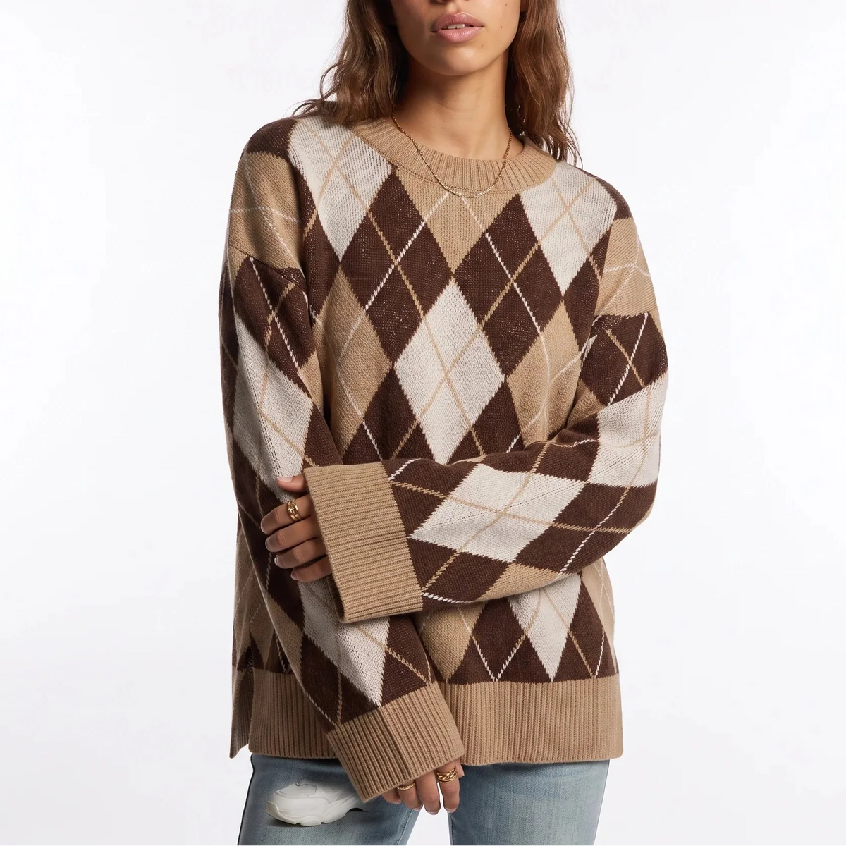 Women’s Diamond Pattern Knit Jumper | Round Neck Long Sleeve Sweater