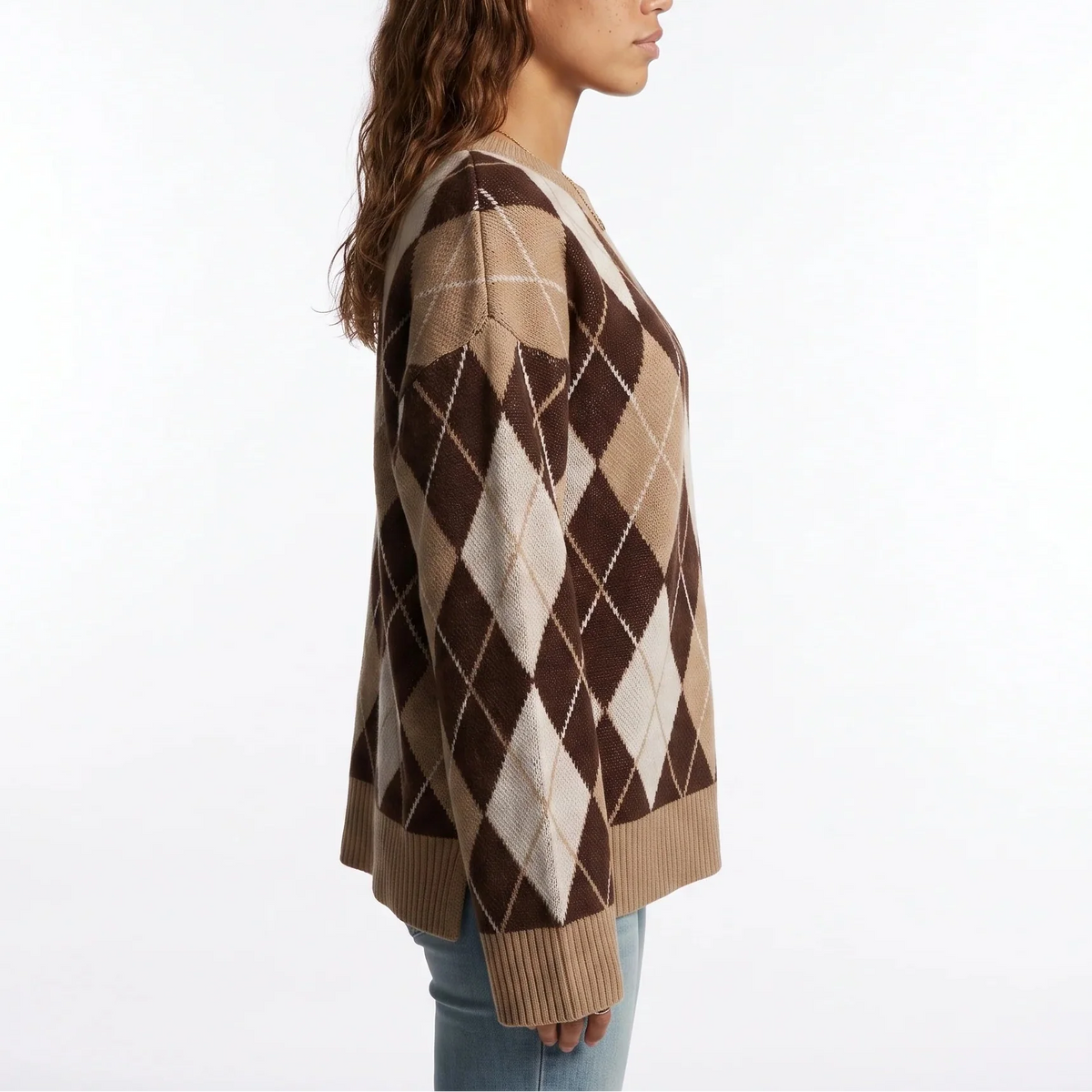 Women’s Diamond Pattern Knit Jumper | Round Neck Long Sleeve Sweater