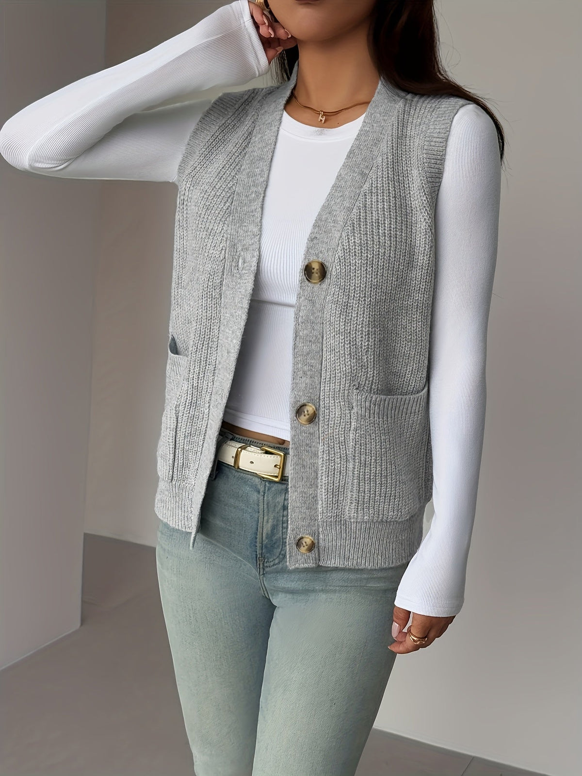 V-Neck Knit Sleeveless Button-Front Vest