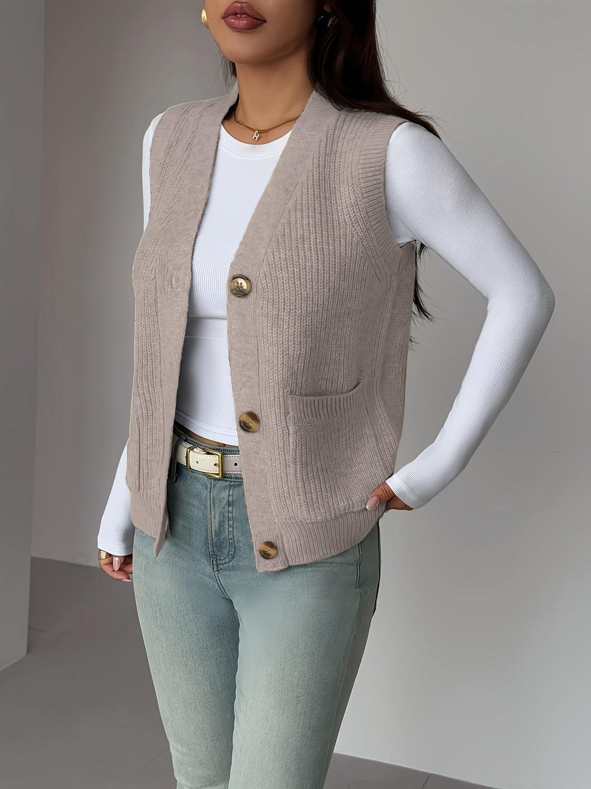 V-Neck Knit Sleeveless Button-Front Vest