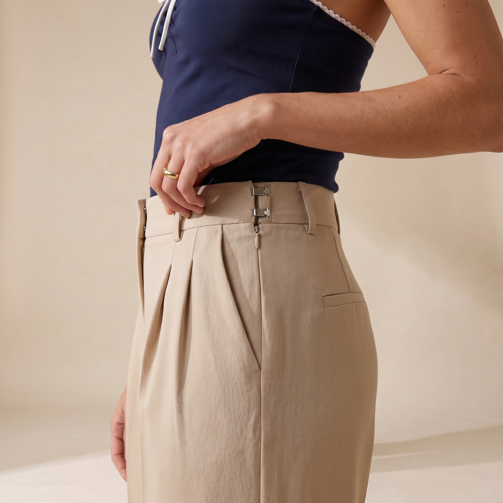 Beige High Waist Pleated Wide Leg Trousers