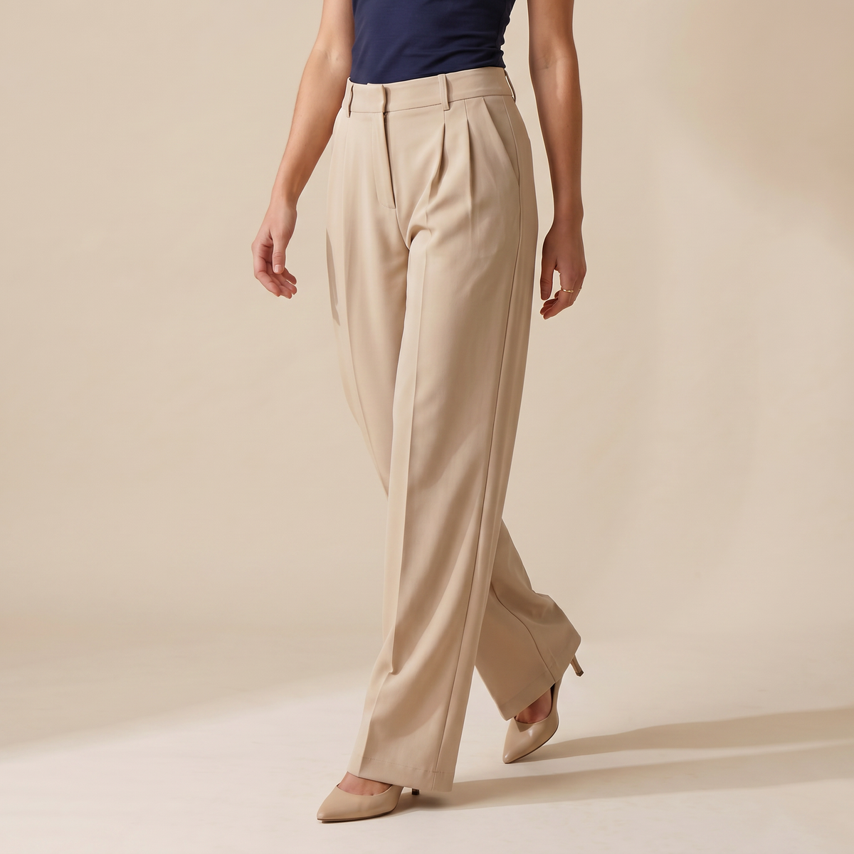 Beige High Waist Pleated Wide Leg Trousers