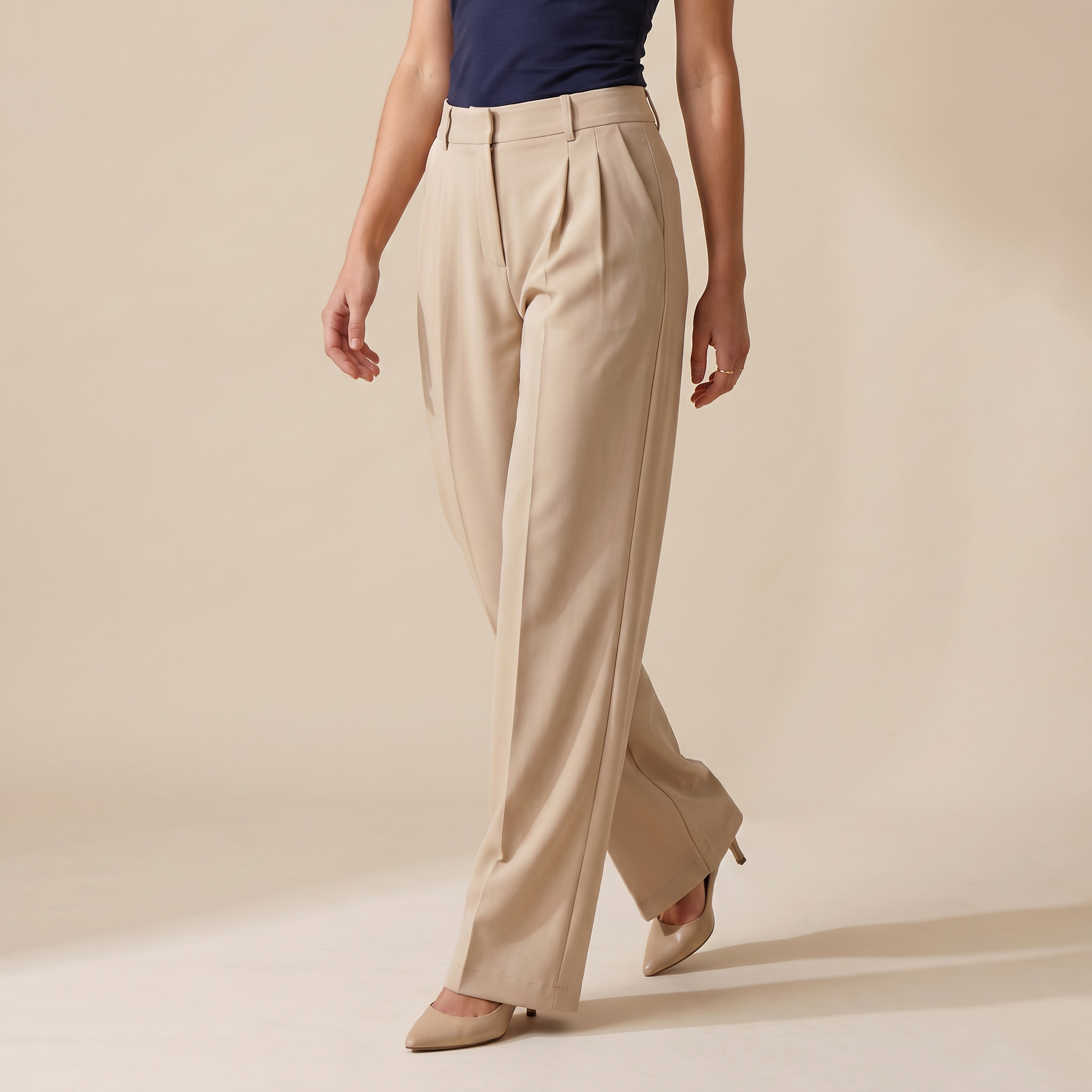 Beige High Waist Pleated Wide Leg Trousers