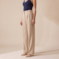 Beige High Waist Pleated Wide Leg Trousers