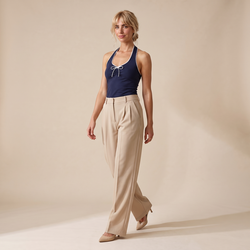 Beige High Waist Pleated Wide Leg Trousers