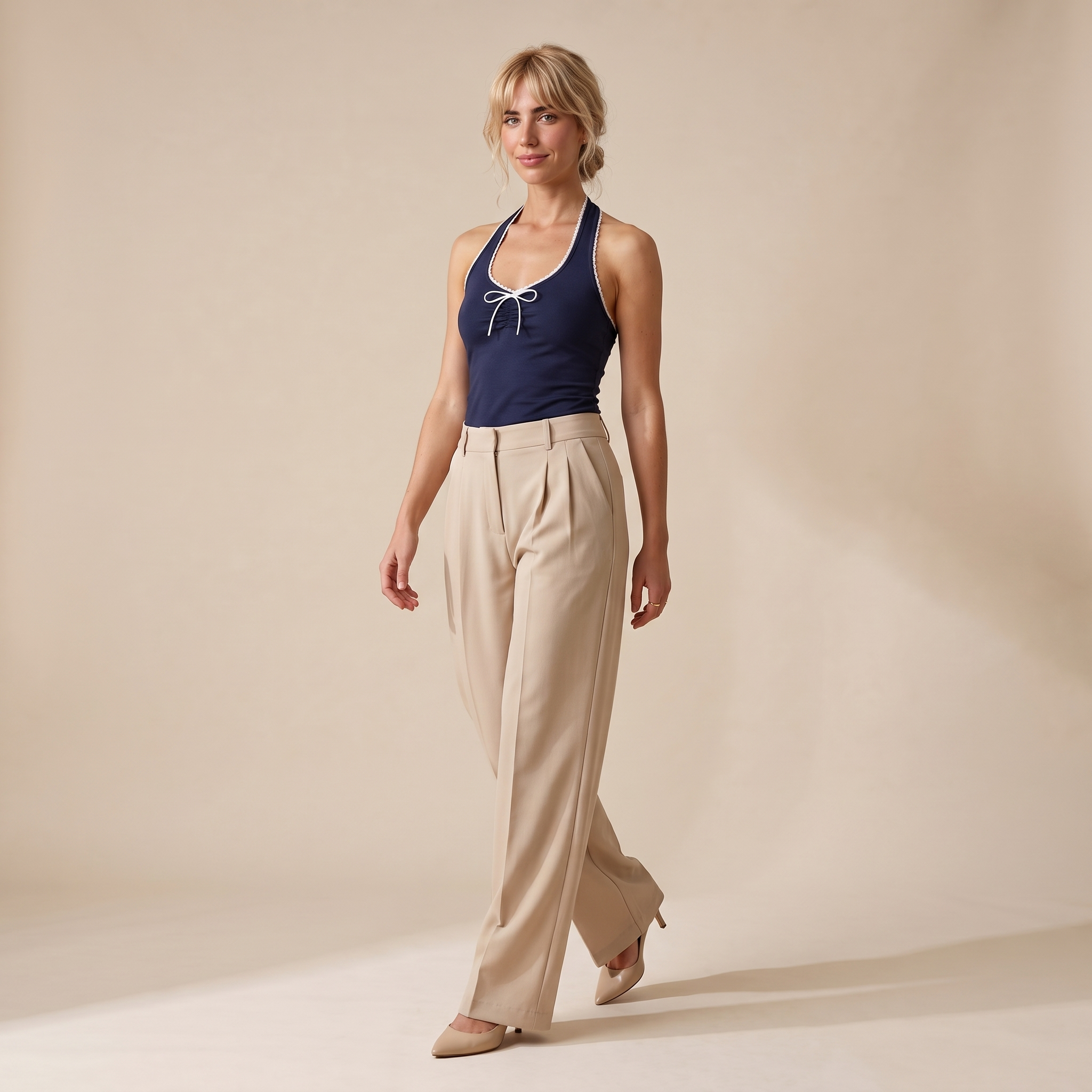 Beige High Waist Pleated Wide Leg Trousers