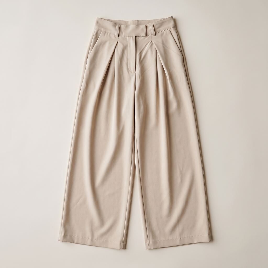 Beige High Waist Pleated Wide Leg Trousers