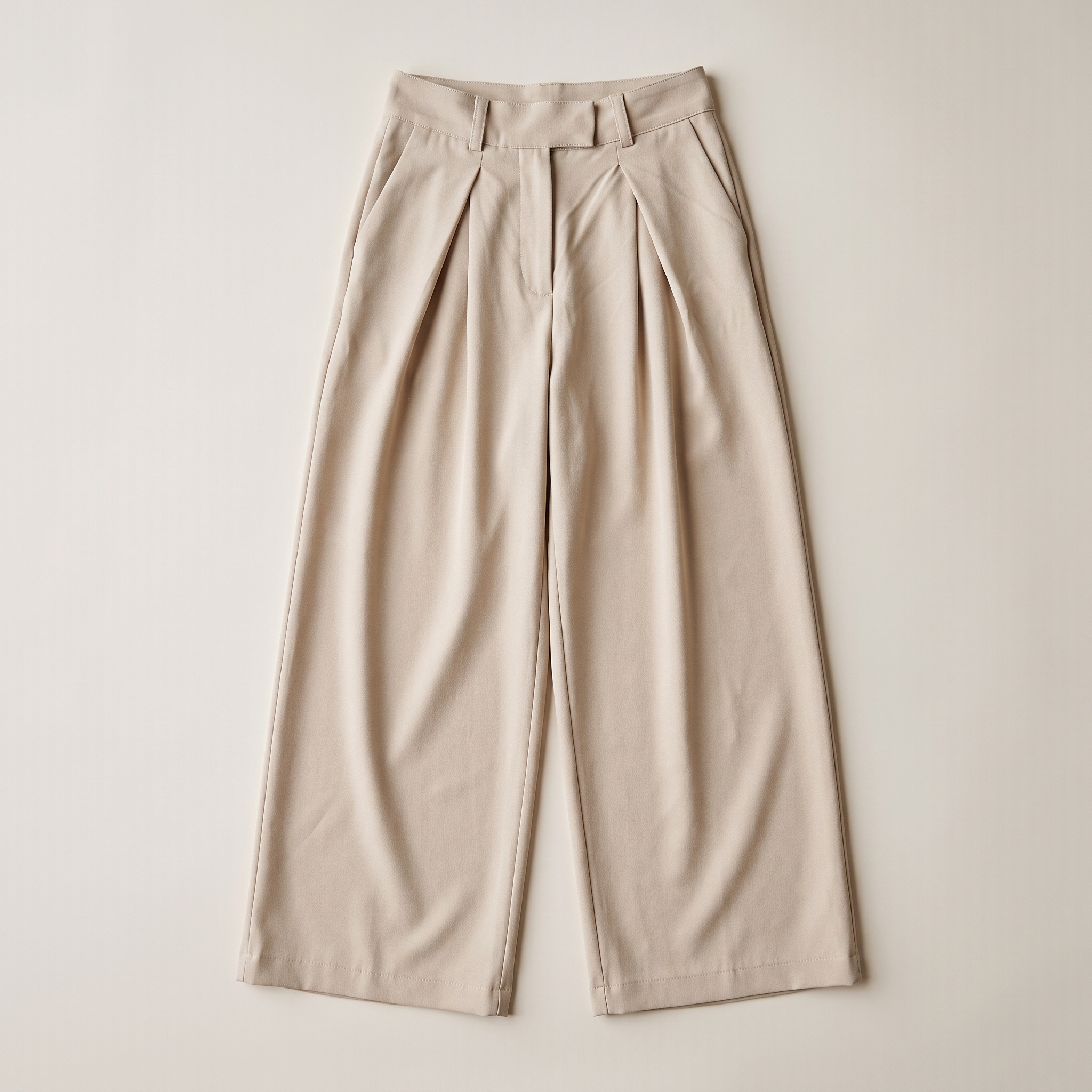 Beige High Waist Pleated Wide Leg Trousers