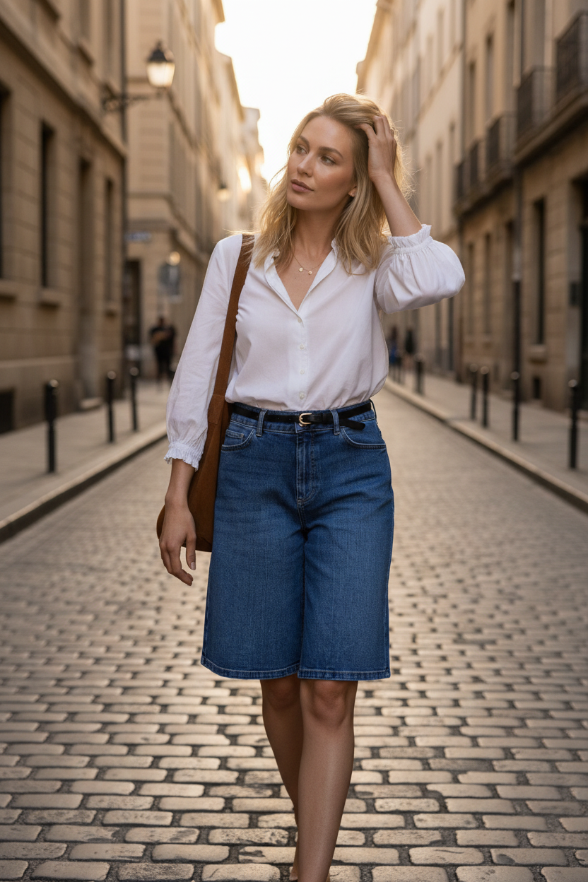 High Waisted Bermuda Denim Shorts