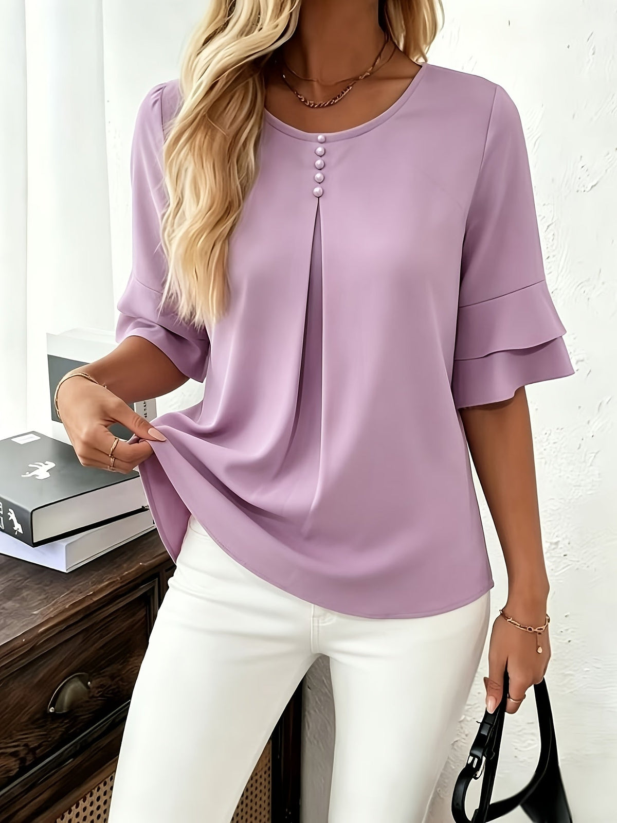 Softly Draped Ruffle-Sleeve Blouse