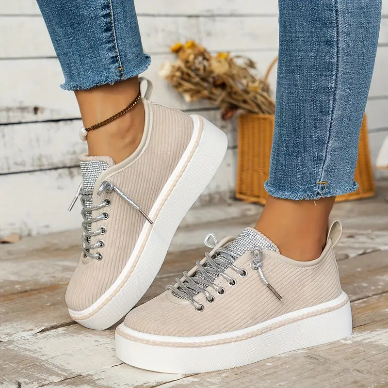 Women's Rhinestone Lace-Up Sneakers with Cushioned Sole
