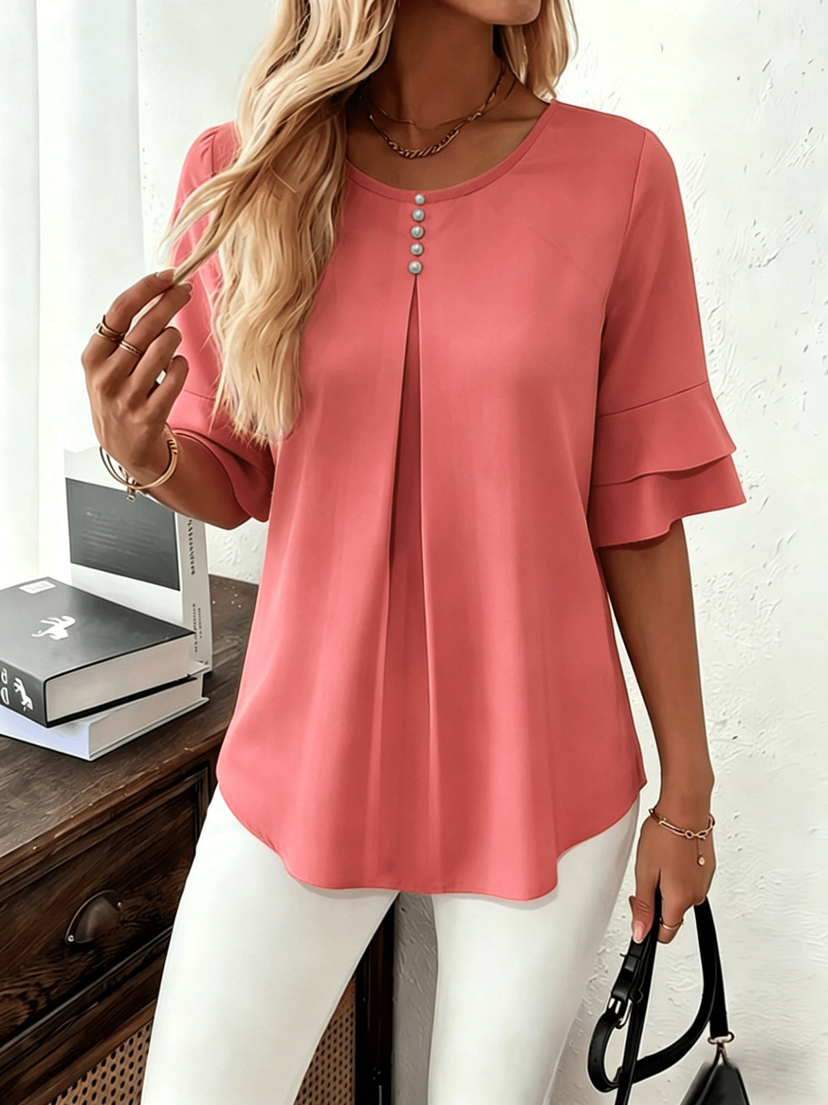 Softly Draped Ruffle-Sleeve Blouse