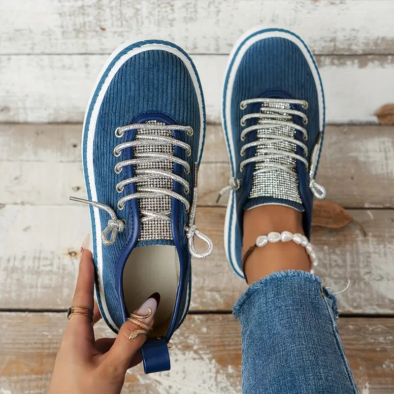 Women's Rhinestone Lace-Up Sneakers with Cushioned Sole