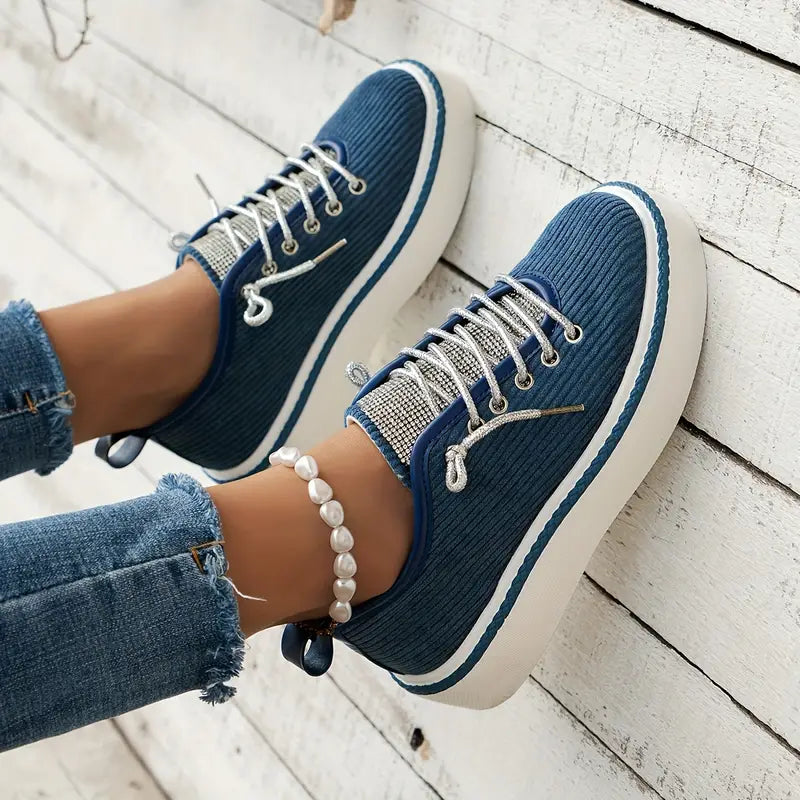 Women's Rhinestone Lace-Up Sneakers with Cushioned Sole