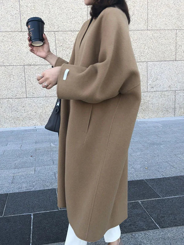 Women's Longline Wool-Blend Coat Open Front Relaxed Fit