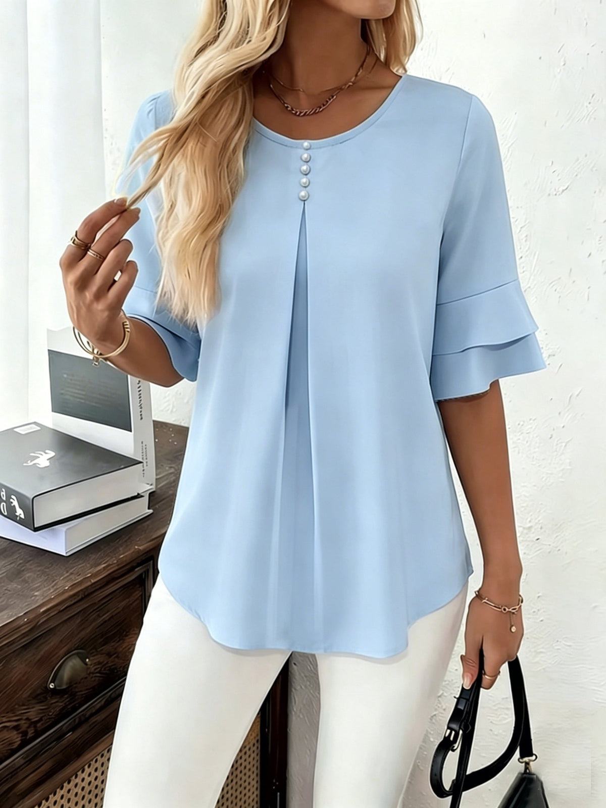 Softly Draped Ruffle-Sleeve Blouse
